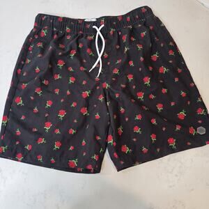 Empyre Rose Print Shorts Mens Small Black Red Floral Elastic Waist Streetwear